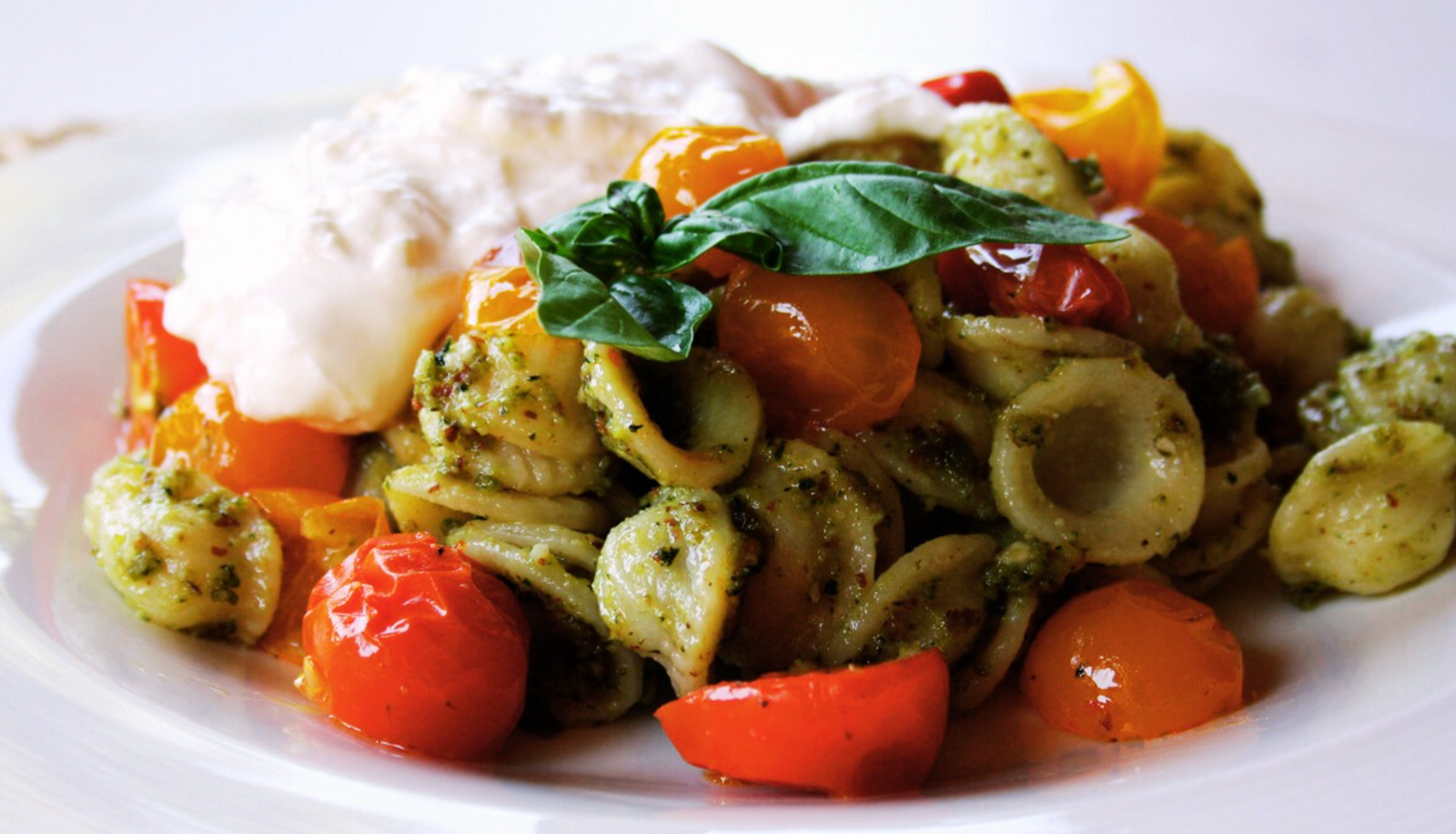 Pesto Orecchiette Pasta with Stracciatella and Cherry Tomatoes