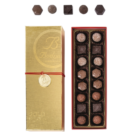 Assorted Chocolate Pralines 16 pcs in Golden Gift Box 155g - Bodrato Mercato Gourmet Confectionery